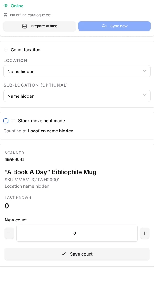 CraftSense Pro stock check showing a scanned mug, its barcode and SKU, and the counted quantity. Location name hidden.